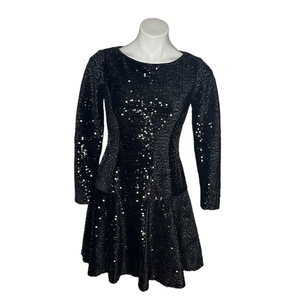 ELIZA J Black Dress Skater Fit and Flare All Over Sequins Long Sleeves Size 4 P